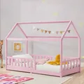 Produktbild: Juskys® Kinderbett Marli 90 x 200 cm mit Rausfallschutz, Lattenrost und Dach - Massivholz Hausbett für Kinder - Bett in Rosa