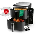 Produktbild: GOURMETmaxx Heißluftfritteuse FryUp Vertikaler Doppelkammer Airfryer 2x 5l, 2800 W, klappbares Touchdisplay, Fassungsvermögen 10 L,  inkl. Grillrost schwarz 32 cm x 49 cm x 39 cm