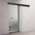 Produktbild: doporro Glasschiebetür Komplettset Softclose 102,5 x 215cm | 15mm Wandabstand | Schiebetür mit ESG-Sicherheitsglas | Zimmertür Glas Vollsatiniert und Schwarz Muschelgriff | Amalfi-plus 12H