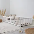 Produktbild: Homestyle4u Kinderbett Weiß mit Rausfallschutz 90x200 cm Bodenbett Montessori Bett Lattenrost Kleinkindbett - Weiß