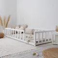 Produktbild: Homestyle4u Kinderbett Weiß mit Rausfallschutz 90x200 cm Bodenbett Montessori Bett Lattenrost Kleinkindbett Kinderzimmer
