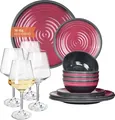 Produktbild: Melamin Camping Geschirr Set 4 Personen Stone Red + 4 Milano Weiß Weingläser Tafelgeschirr Picknick BBQ Kochgeschirr