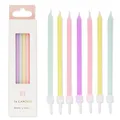Produktbild: Packung mit 16 Regenbogen-Pastell Geburtstagskerzen mit Halterungen | Lang, Dünn, 10 cm | Kerzen Geburtstag Kuchendeko Kinder, Tochter, Mädchen-Party, 16, 18, 21, Babyparty, Ostern