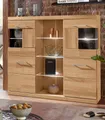 Produktbild: Home affaire Highboard Ribe,120cm breit,112cm hoch,Oberplatte massiv,12 Fächer, Holz massiv, Holzwerkstoff, Metall Griffe,2Türen mit Glaseinsatz
