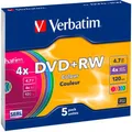 Produktbild: 1x5 Verbatim DVD+RW 4,7GB 4x Speed Colour Surface Slimcase