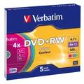 Produktbild: 5x Verbatim DVD+RW Rohlinge Colour 4,7GB 4x Speed Slim Case 120 Minuten farbig