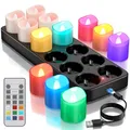 Produktbild: Yme Aufladbare Bunte Teelichter mit Ladestation, 12er LED Teelichter Wiederaufladbar Elektrische Kerzen Flackernd mit Fernbedienung und Timer für Zimmer Halloween Kürbis Weihnachten Party Deko – RGB