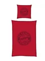 Produktbild: FC Bayern München Bettwäsche Satin 135 x 200 cm (Bordeaux) I Bettbezug mit Kissenbezug 80 x 80 cm & Reißverschluss aus Mako-Satin Baumwolle I Offiziell lizenziert