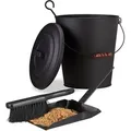 Produktbild: Relaxdays - 2 tlg. Kaminreinigungs-Set, Ascheeimer, Kehrgarnitur, Stahl, Deckel, Henkel, Holzgriff, 24 Liter, flach, schwarz