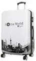 Produktbild: Hartschalen Reise Koffer Trolley 4 Rollen Dehnfalte Motiv Fly the world weiß XL