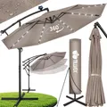 Produktbild: tillvex Alu Ampelschirm Cappuccino LED Solar Ø 300 cm mit Kurbel | Sonnenschirm mit An-/Ausschalter | Gartenschirm UV-Schutz Aluminium | Kurbelschirm mit Ständer Marktschirm wasserdicht