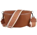 Produktbild: MIRROSI® Bauchtasche Damen, Echtleder, Made in Italy, Umhängetasche, Brusttasche, Crossbody Bag (1 Tasche & 2 Gurte) (Braun (Uni Braun Beige), Mittelgroße Tasche (25x16x7cm))