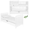 Produktbild: iGlobal 2-in-1 Baby Gitterbett Babybett Kinderbett mit Matratze höhenverstellbar umbaubar zum Juniorbett Unterbettschublade Weiß 120x60 cm