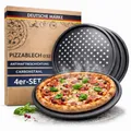 Produktbild: TOPANBIETER 999 Pizzablech 4er Set Ø 32 cm rund innen 29 cm - gelochtes Pizza- & Flammkuchenblech aus Stahl – Antihaftbeschichtung - Knusperblech und Backblech bis 250 Grad