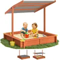 Produktbild: Spielwerk® Sandkasten Max Sonnendach 140x140x120cm imprägniertes Holz Füllstand Skala UV 50+ Kantenschutz Bodenvlies Sandspielzeug Kinder Sandbox Sandkiste