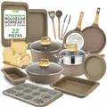 Produktbild: NutriChef Pfanne & Topfset Sandbraun – 22-teiliges Antihaft-Kochgeschirr Marmoroptik Pfannenset mit Grillzange Küchenutensilien Backform und Ofenhandschuhen Induktion geeignet spülmaschinenfest
