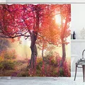 Produktbild: ABAKUHAUS Natur Duschvorhang, Blumen im Park Herbst, Stoffliches Gewebe Badezimmerdekorationsset mit Haken, 175 x 240 cm, Rotbraun