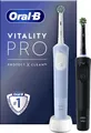 Produktbild: Oral-B Vitality Pro Duo. Zweck: Erwachsener, Zahnbürstentyp: Rotierende-vibrierende Zahnbürste, Zahnbürsten Modi: Tägliche Pflege, Sensibel, Super sensitive. Energiequelle: Akku, Akku-/Batterietyp: Integrierte Batterie, Akku-/Batterietechnologie: Nickel-Metallhydrid (NiMH). Anzahl enthaltener Griffe: 2 Stück(e), Anzahl enthaltener Bürstenköpfe: 2 Stück(e) (4210201446514)