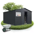 Produktbild: Juskys Geräteschuppen Metall XXL – Gartenhaus & Gerätehaus mit Schiebetür, Fundamentrahmen & Schloss, wetterfester Gartenschrank zur Aufbewahrung – Dunkelgrau
