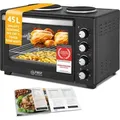 Produktbild: TZS First Austria - Minibackofen mit Kochplatten 45L 3200 W - Mini Backofen Pizzaofen mit Herdplatten bis 230°C & Antihaftbeschichtung - Miniofen ... - Schwarz