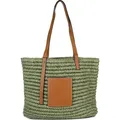 Produktbild: styleBREAKER Korbflecht Schultertasche aus Papierstroh mit Kunstleder Details | Damen Shopper Basttasche geflochten mit Reißverschluss | Strandtas... - Grün