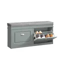 Produktbild: SoBuy Schuhbank mit Sitzfläche Sitzbank mit Stauraum und 2 Klappen, schmaler Schuhschrank mit Sitzbank & Schuhregal platzsparend, Schuhablage für Flur & kleine Räume, 104x52x24cm, Hellgrau, FSR64-HG