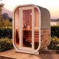 Produktbild: FinnTherm Fasssauna Ellipso S, Moderne Outdoor Sauna inkl. Dacheindeckung, Kompakte Gartensauna mit Glasfront, Außensauna: B 136 x T 119 x H 203 cm, 2 Personen