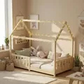 Produktbild: Kinderbett 90x200 mit Rausfallschutz und Lattenrost, Hausbett - Kinderbett 90x200 für Kinder - Kinderbett Hausbett 90x200 Natur