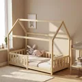 Produktbild: ecomi® Kinderbett 90x200 Bodenbett Kinder Bett Hausbett mit Rausfallschutz und Lattenrost für Kinder Kinderbetten für Mädchen und Jungen Massivholz Kiefer in Natur