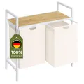 Produktbild: STEELSØN Rigil Wäschesammler 2 Fächer – Wäschekorb mit 1 Bambus Ablage – 2x 45 L Wäscheboxen in weiß – Metall Wäschesortierer – ausziehbare & herausnehmbare Wäschesäcke – Schmutzwäschebehälter