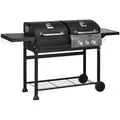 Produktbild: Outsunny Grillwagen Gasgrill mit 2+1 Brenner, Thermometer, 3kW BBQ Holzkohlgrill mit Regal, Seitenablage, Haken, Campinggrill mit Schlauch für Garten, Balkon, Schwarz