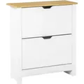 Produktbild: Schuhschrank mit 2 Klappen, Schuhregal, Schuhkipper Schmal mit verstellbar Trennwand, Schuhkommode für 12 Paar Schuhe 72 x 26 x 80 cm, Weiß+Natur