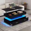 Produktbild: Merax Couchtisch mit LED und Schubladen, Kaffeetisch mit APP Steurung, Beistelltisch mit ausziehbarer Tischplatte, Wohnzimmertisch 100x50x44cm Schwarz