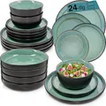 Produktbild: SÄNGER Fiji | Kombiservice 24 teilig, Steingut Geschirr Set 6 Personen, 6x Teller Set 6x Frühstücksteller 6x Tiefe Teller 6x Pastaschalen Geschirrset und Schale dunkelgrün | VALUE COLLECTION
