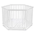 Produktbild: FabiMax Baby Laufgitter 6-eck Weiß lackiert, stufenlos höhenverstellbar, mit Schlupfsprossen, Laufstall aus massivem Buchenholz (Keine)
