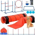 Produktbild: Agility-trainingsausrüstung Für Hunde, 7-teiliges Upgrade-set Mit Verstellbaren Hohen Hürden, 6 Slalomstangen, 2 Tunneln, Sprungring, Pausenbox, 3 Frisbees, Pfeife, Faltbarer Schüssel - Vevor