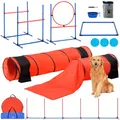 Produktbild: VEVOR Agility Set Hunde, 7-teiliges Upgrade-Set mit verstellbaren hohen Hürden, 6X Slalomstangen, 2X Tunneln, Sprungring, Pausenbox, 3X Frisbees, Pfeife, Faltbarer Schüssel, Hindernisparcours-Set