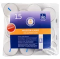 Produktbild: NEUHEIT! 15 Gies Maxi Teelichter (Master-Lights) im Alubecher, mit blauem Docht, Weiß, Maxilicht, Jumbo Teelichter, ohne Duft, Kerzen, Teelicht, Metallhüllsen, 10 Stunden Brenndauer, Ø : ca. 48 mm