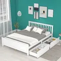 Produktbild: Flieks Holzbett Doppelbett Bettgestell 140x200cm, Jugendbett mit Lattenrost und 2 Schubladen Klassisches Bett, Massivholzbett für Ehe Erwachsene, ... - Weiß