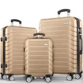 Produktbild: tillvex® Reisekoffer Set 3-TLG. + Gepäckwaage, 6X Koffergurte & 3X Kofferanhänger | Kofferset 4 Rollen | Trolley Gepäck Koffer TSA Schloss | Rollkoffer Hartschalenkofferset M-L-XL (Champagner)