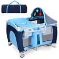 Produktbild: COSTWAY 4 in 1 klappbares Reisebett & Babywiege & Wickeltisch & Laufstall mit Schaukelfunktion, inkl. Spieluhr, Spielbogen, Wickelauflage, Matratze, Windel Organizer und Tragetasche (blau)