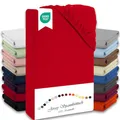 Produktbild: Julido Spannbettlaken 100x200 cm (Rot) – Jersey Betttuch aus 100% Baumwolle, Oeko-Tex Standard 100, Hautfreundlich, Atmungsaktiv & Für Allergiker Geeignet, Matratzenhöhe bis 30 cm