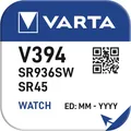 Produktbild: 2x V394 Uhren-Batterie Knopfzelle 1,55V 67mAh ø9,5x3,6mm SR45 SR936 VARTA