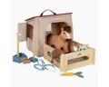 Produktbild: Small Foot Lernspielzeug Spielset Pferd mit Stall und Zubehör (Pferd mit Tasche und Pflege-Set, 12-St., set packung), Tasche aus Cord wird zum Stall – schneller Auf- und Abbau.