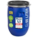Produktbild: plasteo® 60 Liter Weithalsfass mit Deckel und Spannring, Lebensmittelecht BPA-Frei, Futtertonne Kunststofffass Universalfass Deckelfass Wasserfass Lagerfass Sauerkrautfass, Stabile Griffmulden, Blau