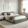 Produktbild: Polsterbett MARINI Doppelbett 140x200 cm in grün -  Bett gepolstert mit Lattenrost, modernes Design & stabiles Holzgestell mit Kunststofffüßen - Grün