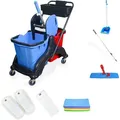 Produktbild: Hypafol Putzwagen mit Korb | Reinigungswagen Set, 2 x 25 l Eimer mit Presse und Kehrgarnitur inkl. 2x 40cm Baumwoll Wischmopp, 1x Mikrofaser-Mopp |...