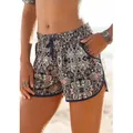 Produktbild: Strandshorts S.OLIVER, Damen, Gr. 38, N-Gr, blau (marine, bedruckt), Jersey, Obermaterial: 100% Viskose, bedruckt, normal kurz, Hosen Strandshorts, mit Ethnodruck und Taschen, elastischer Gummizugbund, kurze Hose