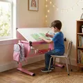 Produktbild: CARO-Möbel Kinderschreibtisch Sari höhenverstellbar in weiß/rosa, Schreibtisch für Kinder neigbar mit Rille für Stifte, Schülerschreibtisch mit Ablage und Rucksackhalterung