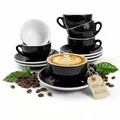 Produktbild: MUVELL 6x Cappuccinotassen á 200 ml | Schwarz | Italian Style | extra dickwandige 8 mm & schwere Ausführung | spülmaschinenfest | 12 teiliges Cappuccinotassen Set mit Untertassen - Geschenkset